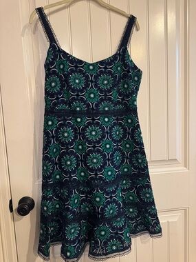 J Crew Navy & Teal Floral Lace-Trim Sundress